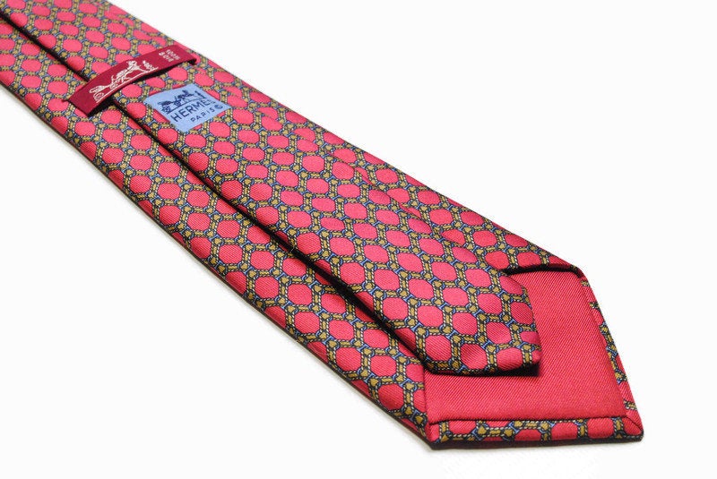 vintage HERMES mens red 100% silk Tie made in France necktie 939 IA retro rare beautiful geometric pattern print gold blue luxury men's gift