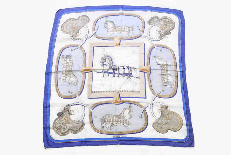 HERMES Grand Apparat Silk Scarf vintage wrap by Jacques Eudel horse print pattern authentic Shawl retro style horse blue gray rare Vintage