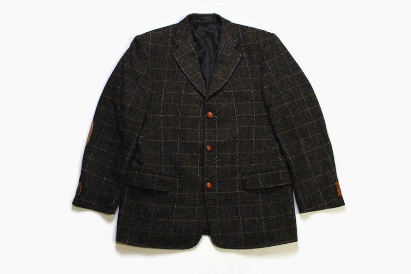 vintage HARRIS TWEED x Christian Berg Stockholm authentic Blazer Jacket Pure new Wool retro style Size 48 brown 90s luxury plaid button up