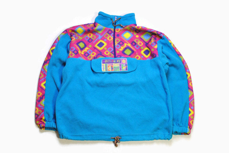 vintage MONTGOMERY FLEECE multicolor acid colorway Size L rare retro hipster wear mens 80s 90s sweater blue abstract pattern rave anorak