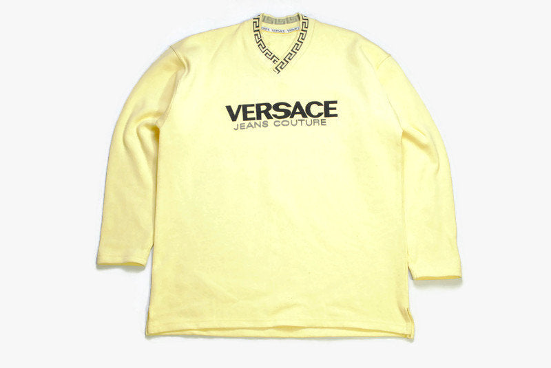 vintage VERSACE JEANS COUTURE authenitc big logo sweater oversized 90s 80s retro hipster streetwear luxury yellow men's sweat greek pattern