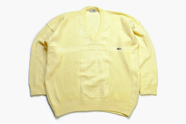 vintage LACOSTE Chemise Jumper authentic cotton sweater Yellow rare retro men's hipster 90s v-neck sweatshirt cardigan France made stylish