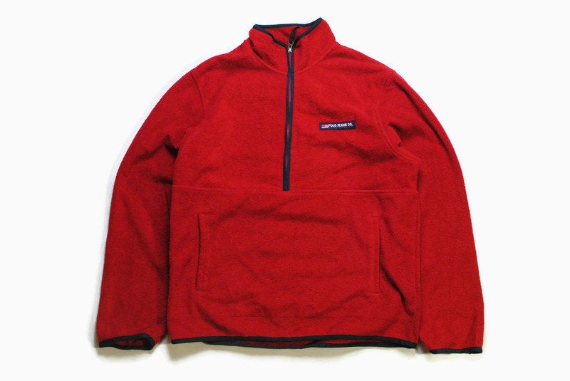 vintage POLO JEANS Co Ralph Lauren FLEECE Anorak Sweater Retro red mens half zip Size L authentic bright winter sweatshirt 90s 80s hipster