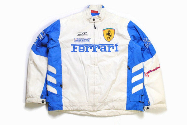 vintage FERRARI Michael Schumacher mens bolid big logo Bomber Jacket Size XL blue white authentic race team zip rare retro 90s F1 Formula 1