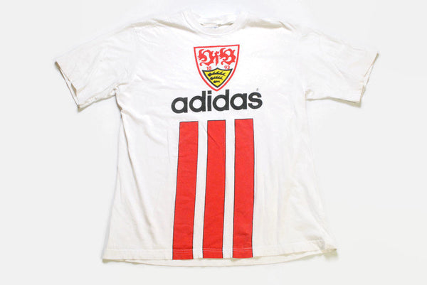 vintage ADIDAS ORIGINALS Stuttgart big logo T-Shirt white red football collrction Size XL rare 90s 80s hipster retro oversize summer tee top