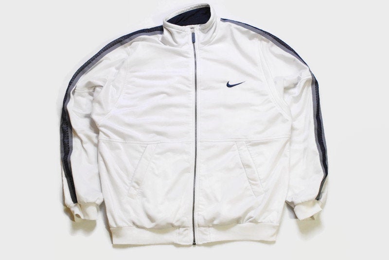 vintage NIKE track jacket swoosh logo authentic Size M white big logo retro rave hipster sport athletic 90s 80s hip hop running streetwear