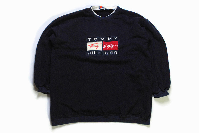 vintage TOMMY HILFIGER big logo sweatshirt Size L men's navy blue rare retro rave hipster clothing hip hop wear streetwear 90's 80's sport