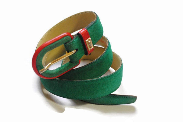 authentic YVES SAINT LAURENT belt real suede leather green red vintage style luxury accessories rare retro stylish women's 90s 80s ysl logo