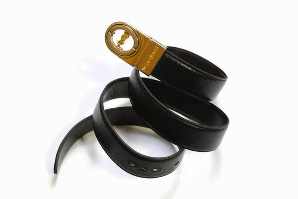 authentic YVES SAINT LAURENT belt real leather black gold vintage style luxury accessories rare retro stylish unisex men's women's 90s 80s