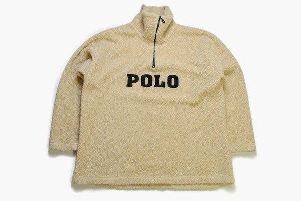 vintage POLO big logo FLEECE mens half zip up Size M beige sweater made in England winter acid 90s 80s rare retro hipster rave wear zipped