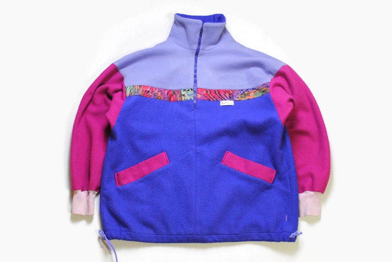 vintage MULTICOLOR FLEECE acid purple pink colorway Size L rare retro hipster wear mens 80s 90s sweater blue abstract pattern winter anorak