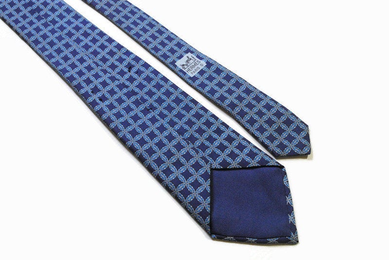vintage HERMES men's blue 100% silk Tie made in France necktie 7092 OA retro rare beautiful pattern print suit blue luxury gift for men 90s