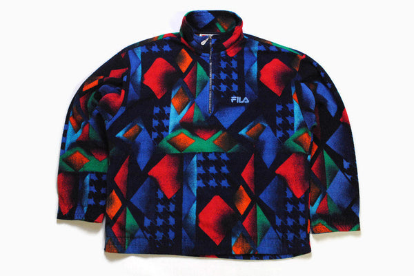 vintage FILA FLEECE mens Size S multicolor authentic sweater hafl zipped acid 90s 80s abstract retro hipster winter rave bright zip cardigan