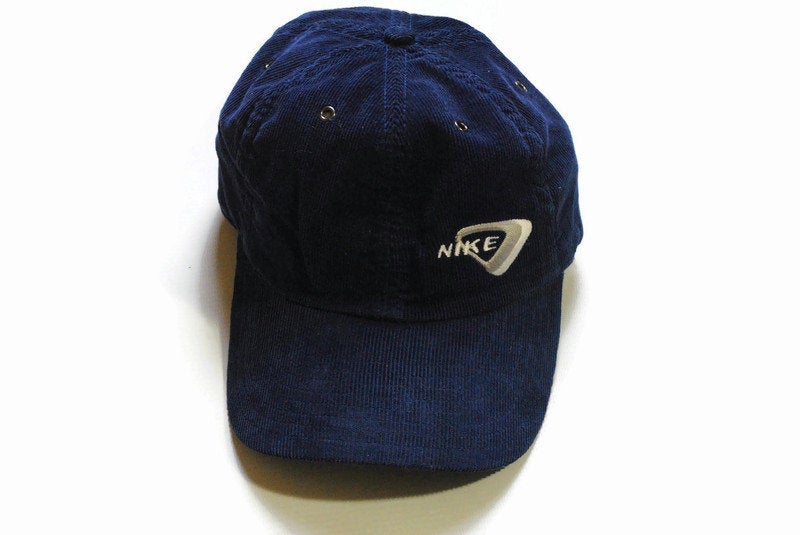 vintage NIKE Corduroy navy blue hat logo cap hipster one size retro authentic tag color 90's 80's summer sun visor deadstock classic fit men
