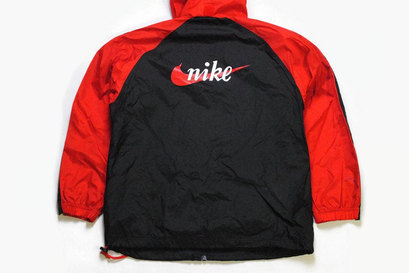 vintage NIKE big logo Jacket black red color Size S swoosh men's athletic sport zip front pockets rare retro hipster hood 90's 80's hoodie