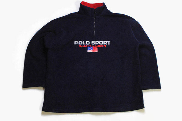 vintage POLO SPORT by Ralph Lauren FLEECE big logo navy blue anorak Sweater Retro Size Xl authentic dark winter sweatshirt 90's 80's hipster