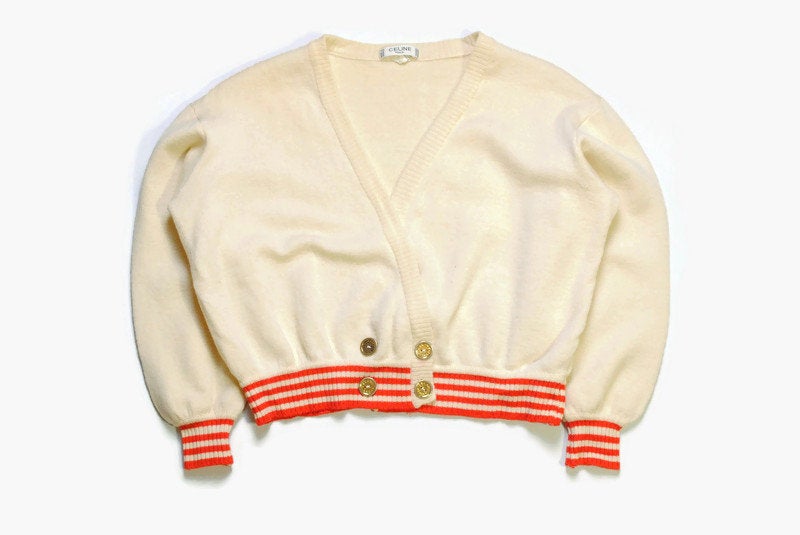 vintage CELINE PARIS wool cardigan made in France women's authenitc knitted sweater button jumper beige red warm soft 90s 80s retro hipster