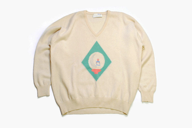 vintage PRINGLE GOLF Sport Jumper men's wool sweater big logo Size XL made in Scotland unisex beige winter sweatshirt retro classic 80's