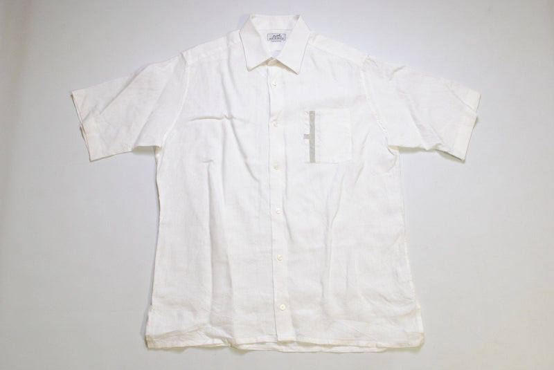 vintage HERMES Paris white short sleeve shirt button up authentic rare men's Size 16 41 tee retro blouse 80s made in France deadstock linen