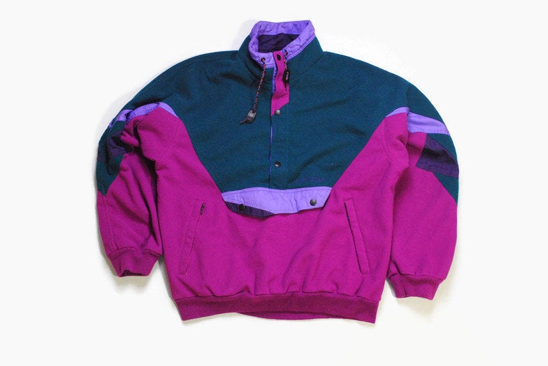 vintage NEVICA MULTICOLOR FLEECE purple green Size L rare retro hipster wear men's 80s 90s sweater abstract pattern half zipped winter ski