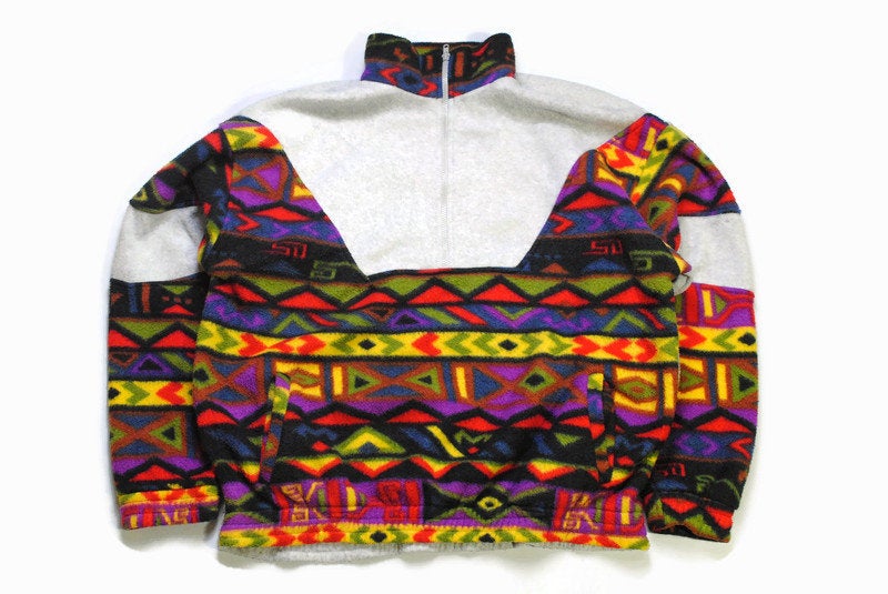 vintage C&A Fleece Multicolor sweater abstract pattern bright colorway Size L retro hipster wear men's 90's 80's sweater winter outfit rave