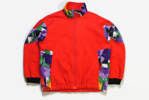 vintage FLEECE red multicolor colorway Size men's L retro hipster wear 90's 80s warm sweater abstract pattern rave outfit full zipped winter