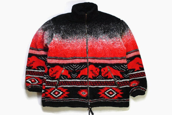 vintage BULLS Fleece black red pattern colorway Size L/XL rare retro hipster wear men's 90s 80s sweater abstract print rave outfit full zip