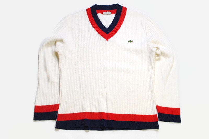 vintage LACOSTE Jumper V-neck white blue red Size S men's streetwear rare retro rave hipster wear authentic 90s 80s cotton casual sweater