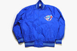 vintage TORONTO BLUE JAYS Bomber Jacket mens blue mlb coach Size L deadstock retro snap button 90s 80s big logo sport atheltic baseball coat
