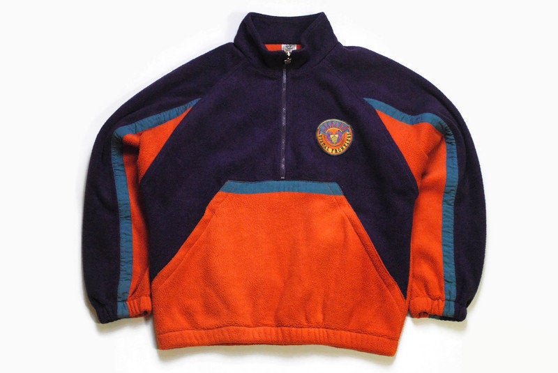 vintage LEOPARD MULTICOLOR FLEECE purple orange Size M rare retro hipster wear men's 80s 90s sweater abstract pattern half zipped winter ski