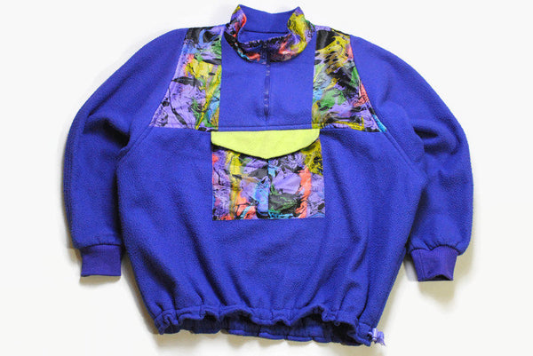 vintage MULTICOLOR FLEECE Sweater oversize men's blue green neon authentic 80's 90's ski outdoor warm rare retro hipster winter rave sport