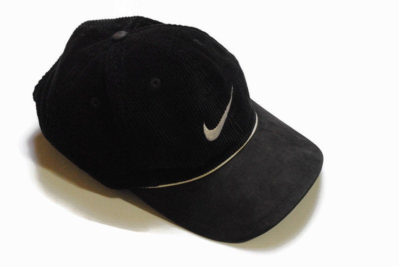 vintage NIKE Corduroy black hat swoosh logo cap hipster one size retro authentic tag 90's 80's summer sun visor deadstock classic fit men's