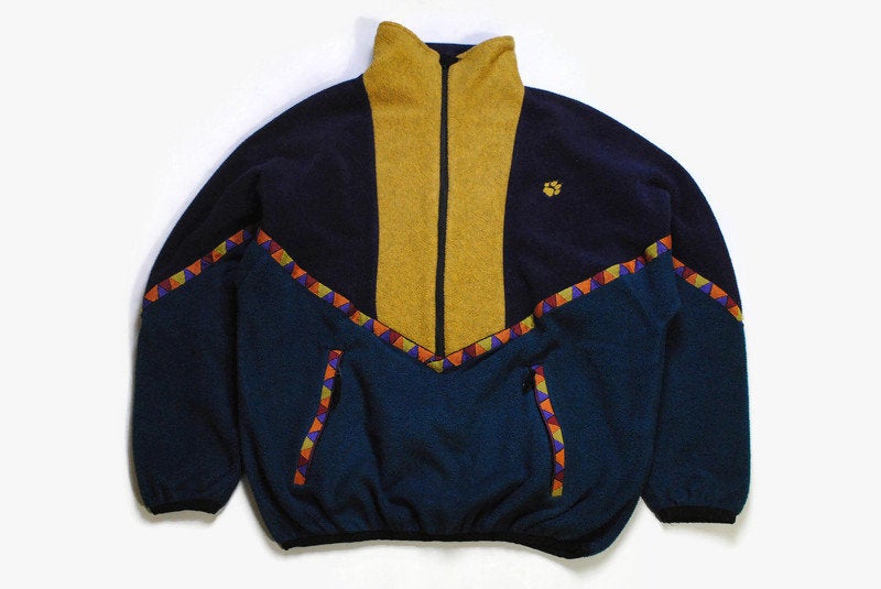 vintage JACK WOLFSKIN Outdoor Fleece Size L men's zip anorak polartec pullover sweater outdoor green purple yellow warm hipster activewear