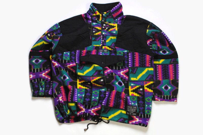 vintage GOOD TIME FLEECE multicolor Size L rare retro hipster wear men's 80s 90s sweater bright anorak half zipped winter ski outfit outdoor