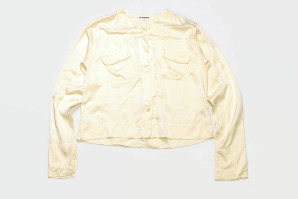 vintage JIL SANDER+ Silk Blouse Shirt Cream womens authentic 80s retro yellow top Size 38 beige rare deadstock casual wear front pockets 90s