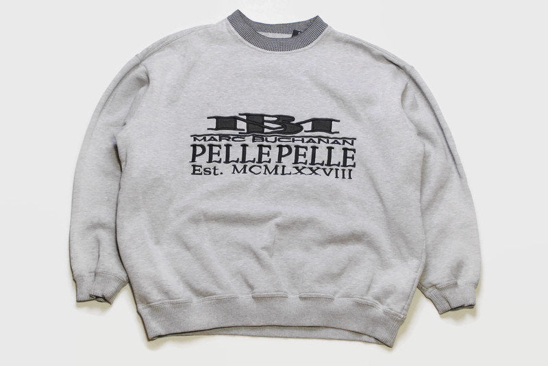 vintage PELLE PELLE Marc Buchanan big logo Sweatshirt mens Size L gray rare hip hop retro old shool clothing style 90s 80s gold edge culture