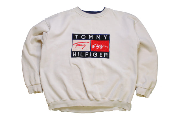 vintage TOMMY HILFIGER big logo sweatshirt Size L men's beige rare retro rave hipster clothing hip hop sport tommy wear streetwear 90s 80s