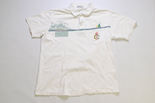 vintage HUGO BOSS Golfing Club polo T-Shirt white Wave pattern Yachting Size M men rare 80s 90s hipster retro sail summer tee short sleeve