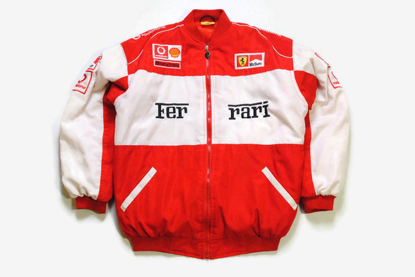 vintage FERRARI Michael Schumacher warm Bomber Jacket Size XS/S unisex red white authentic race team rare retro 90s big logo F1 Formula 1