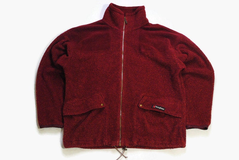 vintage BERGHAUS FLEECE Sweater Retro red men's full zip up Cardigan Size XL authentic sweater bright winter sweatshirt acid 90s 80s hipster