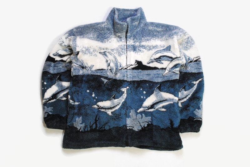 vintage DOLPHINS Print FLEECE Size S/M blue authentic sweater nature abstract patterned see landscape 90s 80s rare retro hipster winter wear