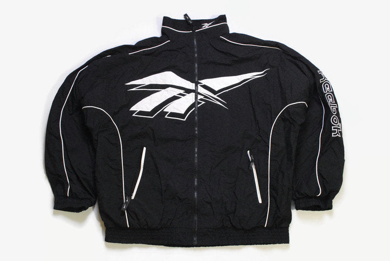 vintage REEBOK Track Jacket Size XL black big logo authentic rare retro hipster 90s 80s rave athletic sport suit print classic clothing wear