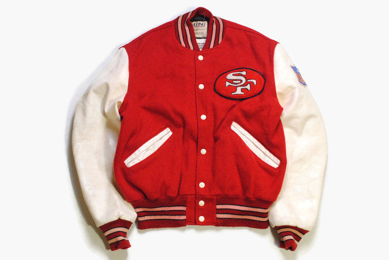 vintage 49ERS San Francisko DeLONG NFL big logo red Wool Leahter Bomber Jacket authentic team wear sport light track button clothing 90s 80s