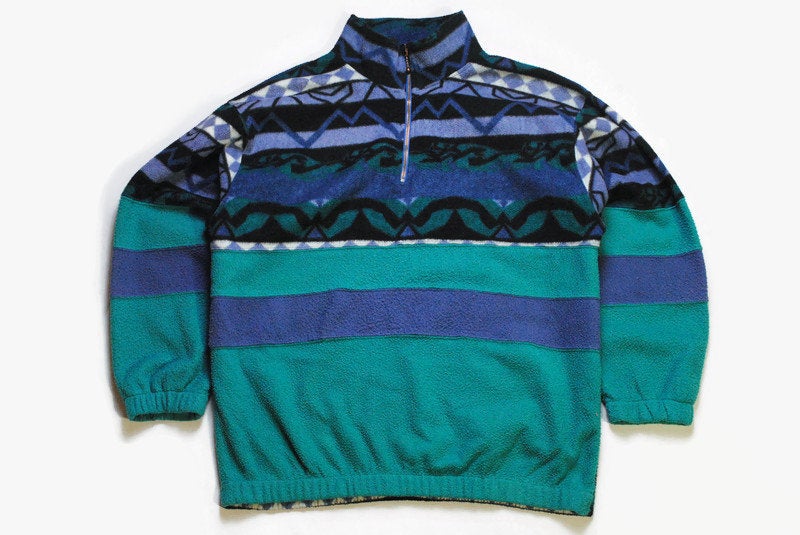 vintage MULTICOLOR FLEECE Sweater oversized men's green authentic 80's 90's ski half zip outfit warm rare retro hipster winter rave sport