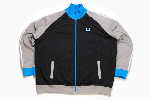 vintage FRED PERRY Track Jacket black blue gray Size XXL retro casual football style clothing wear authentic rare athletic coat small logo