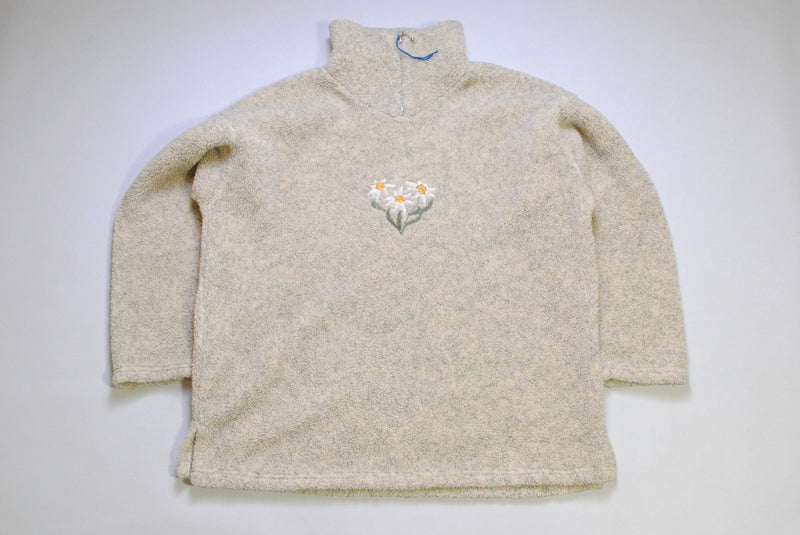 vintage FLEECE Sweater beige colorway rare retro hipster wear Size L mens 90s 80s chamomile Daisy abstract pattern zipped floral style print