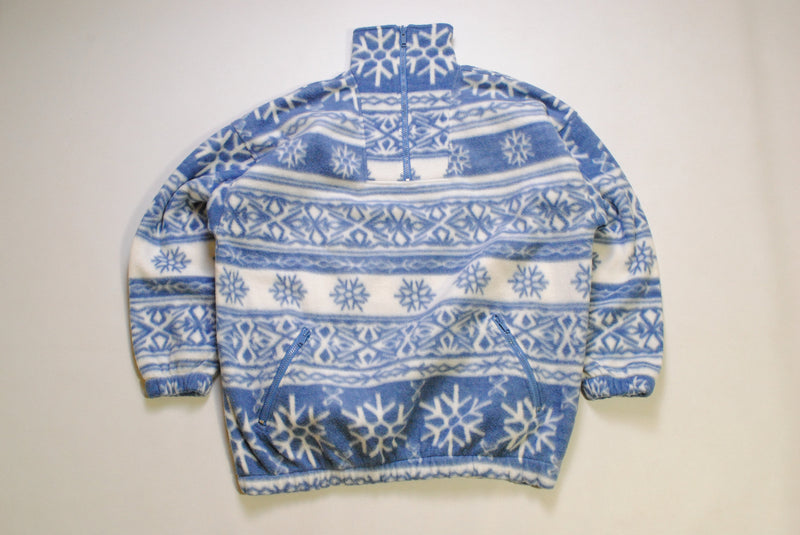 vintage FLEECE Sweater blue whtie abstract winter pattern Size S/M retro hipster wear men's 90s 80s outdoor warm ski outfit half zip sweat