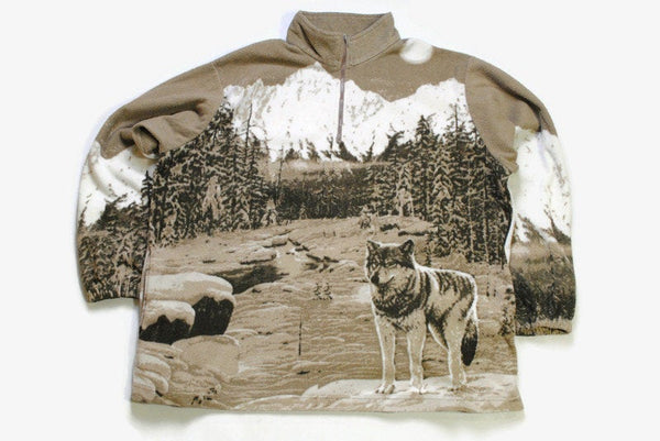 vintage WOLF Print FLEECE Sweater Cotton Traders Size 3XL authentic nature landscape animal patterned acid 90s 80s rare retro hipster winter
