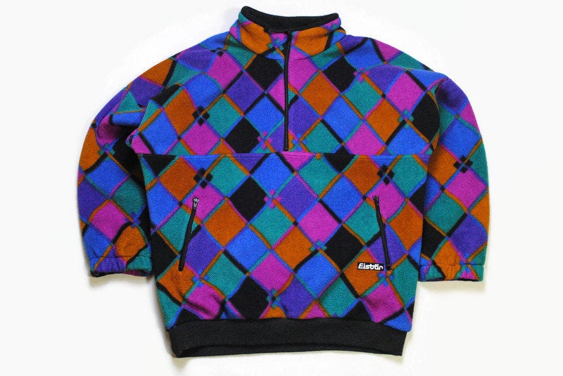 vintage EISBOR FLEECE multicolor Size L rare retro hipster wear men's 80s 90s sweater bright anorak half zipped winter ski outfit outdoor