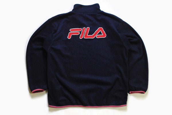vintage FILA FLEECE big logo men Size L blue authentic sweater 90s 80s rare retro hipster winter rave half zip zipper oversized warm outfit
